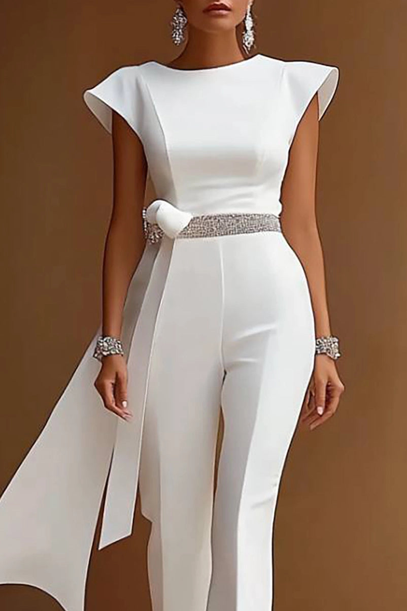 Formal Evening Jumpsuit White Large Bow Silver Waistband Long Pants