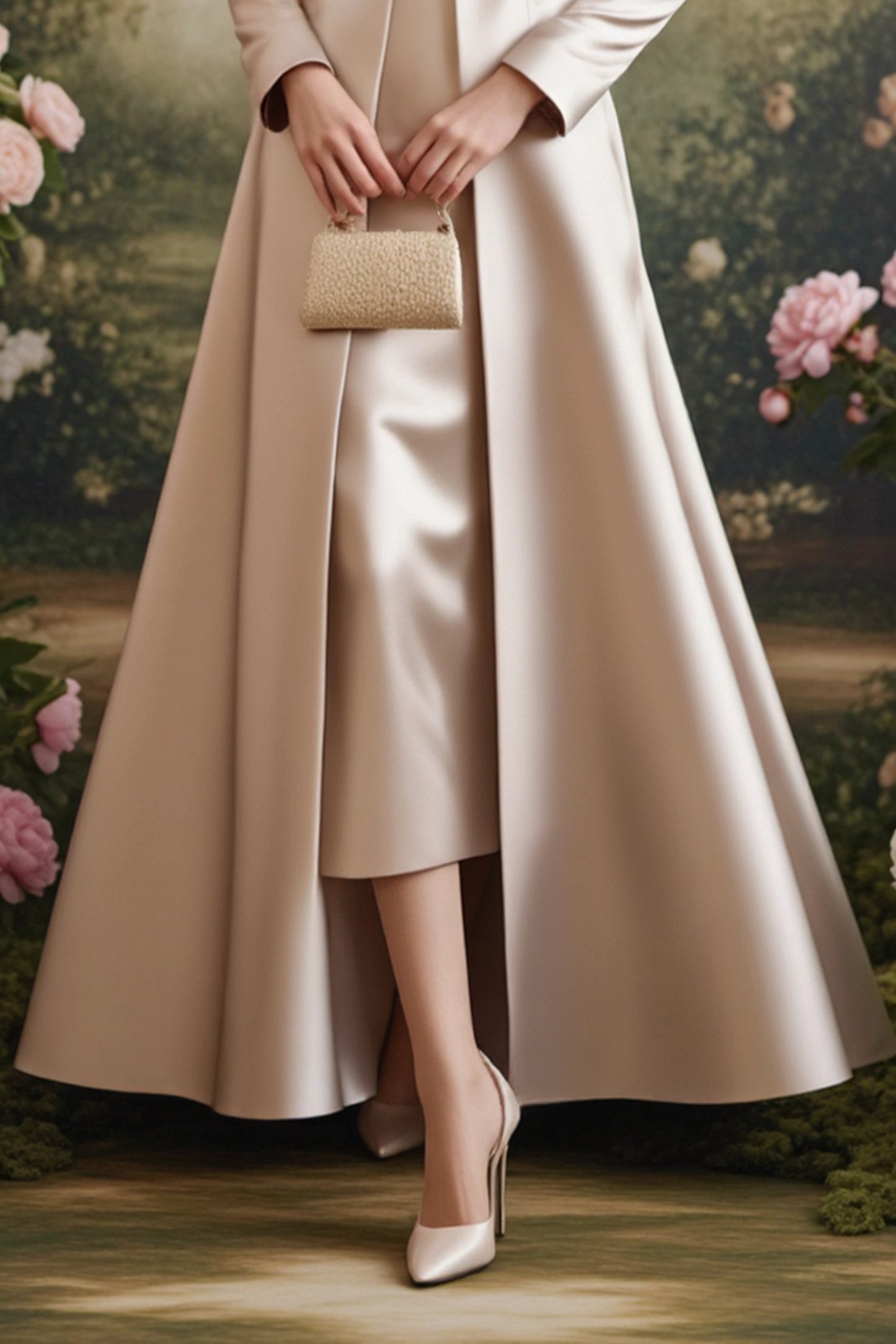 Formal Wedding Guest Dress Champagne Stand Collar 2 in 1 Maxi Long Sleeve Dress