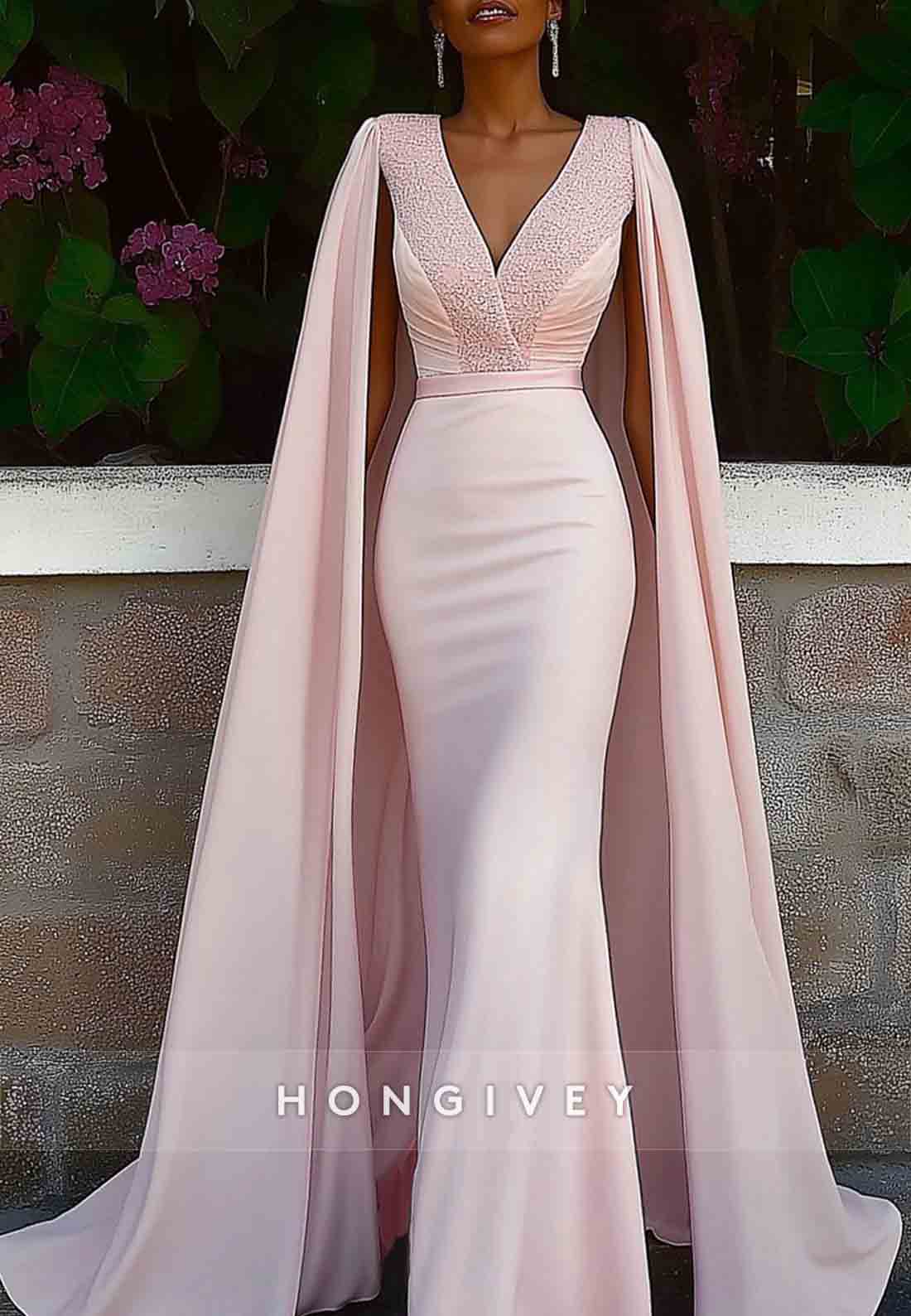 V-Neck Evening Formal Dress With Cape Jacquard Mermaid Maxi Gown