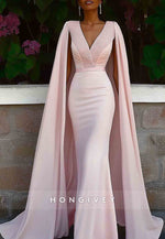 V-Neck Evening Formal Dress With Cape Jacquard Mermaid Maxi Gown