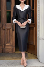 Formal Wedding Guest Dress 3/4 Sleeve Black White V Neck Colorblock Midi Dress