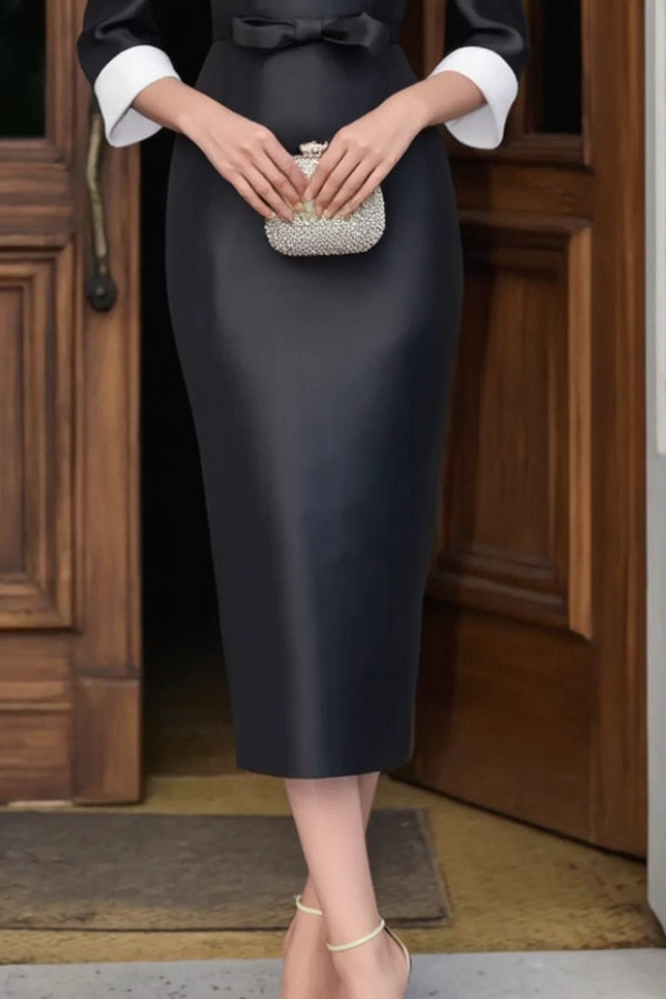 Formal Wedding Guest Dress 3/4 Sleeve Black White V Neck Colorblock Midi Dress