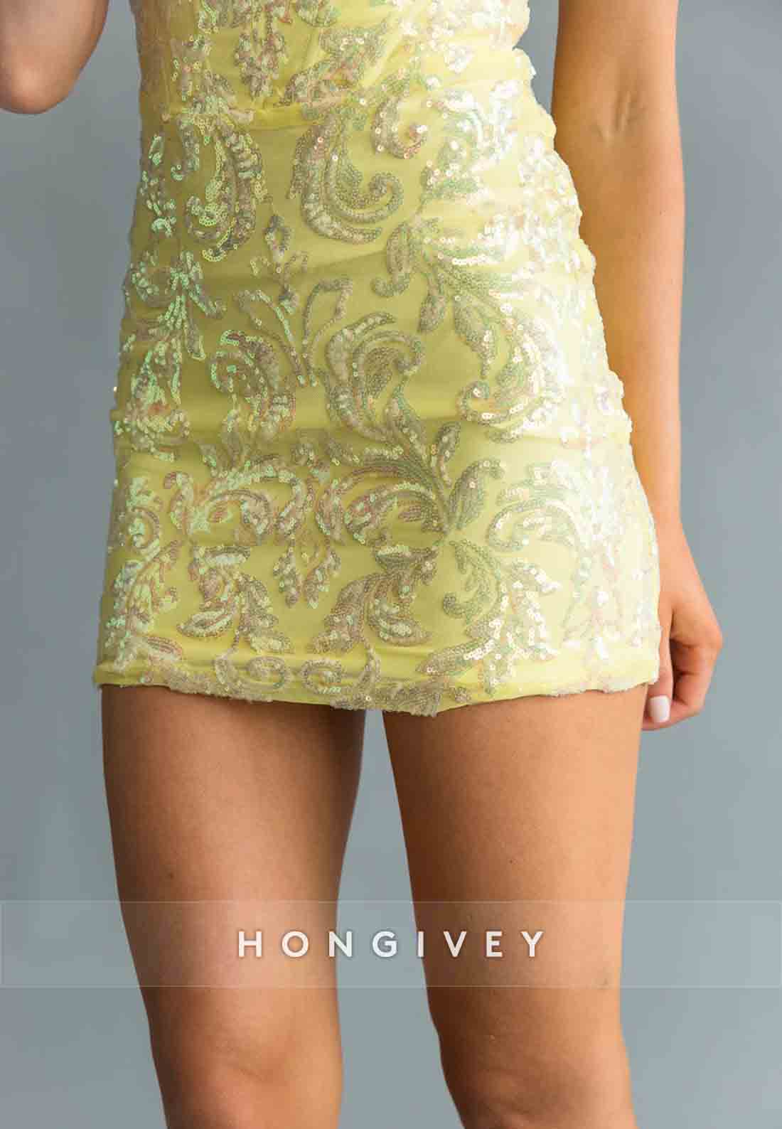 Spaghetti Straps Sweetheart Bodycon Yellow Sequined Mini Homecoming Dress