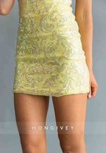 Spaghetti Straps Sweetheart Bodycon Yellow Sequined Mini Homecoming Dress