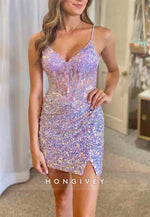 Sparkly Sheath V-Neck Spaghetti Straps Open Back Side Slit Mini Homecoming Dress