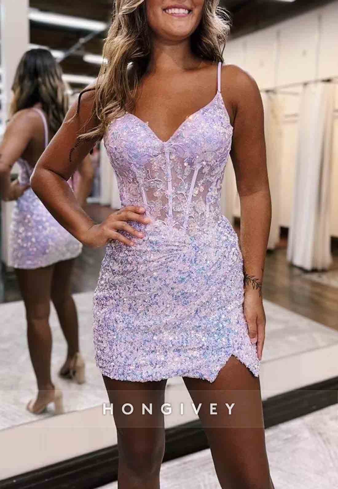 Sparkly Sheath V-Neck Spaghetti Straps Open Back Side Slit Mini Homecoming Dress