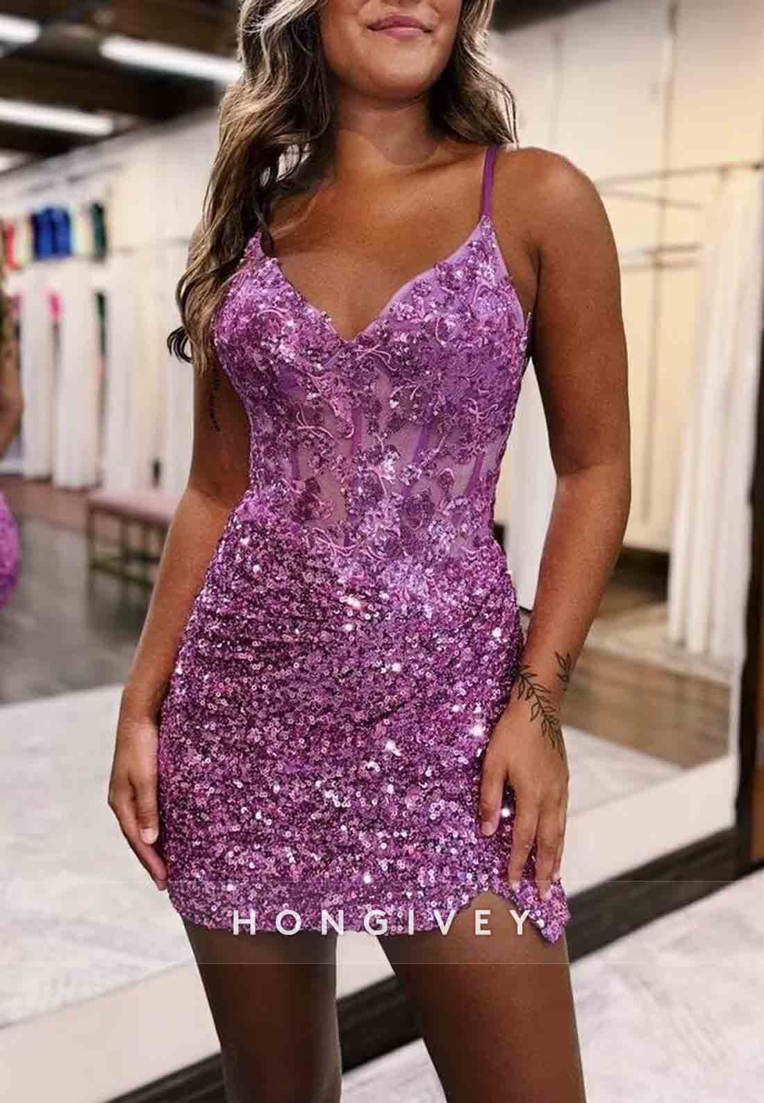 Sparkly Sheath V-Neck Spaghetti Straps Open Back Side Slit Mini Homecoming Dress