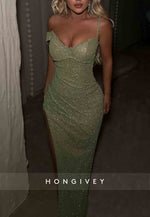 Dusty Sage Sheath One Shoulder Glitter Prom Dresses with High Slit