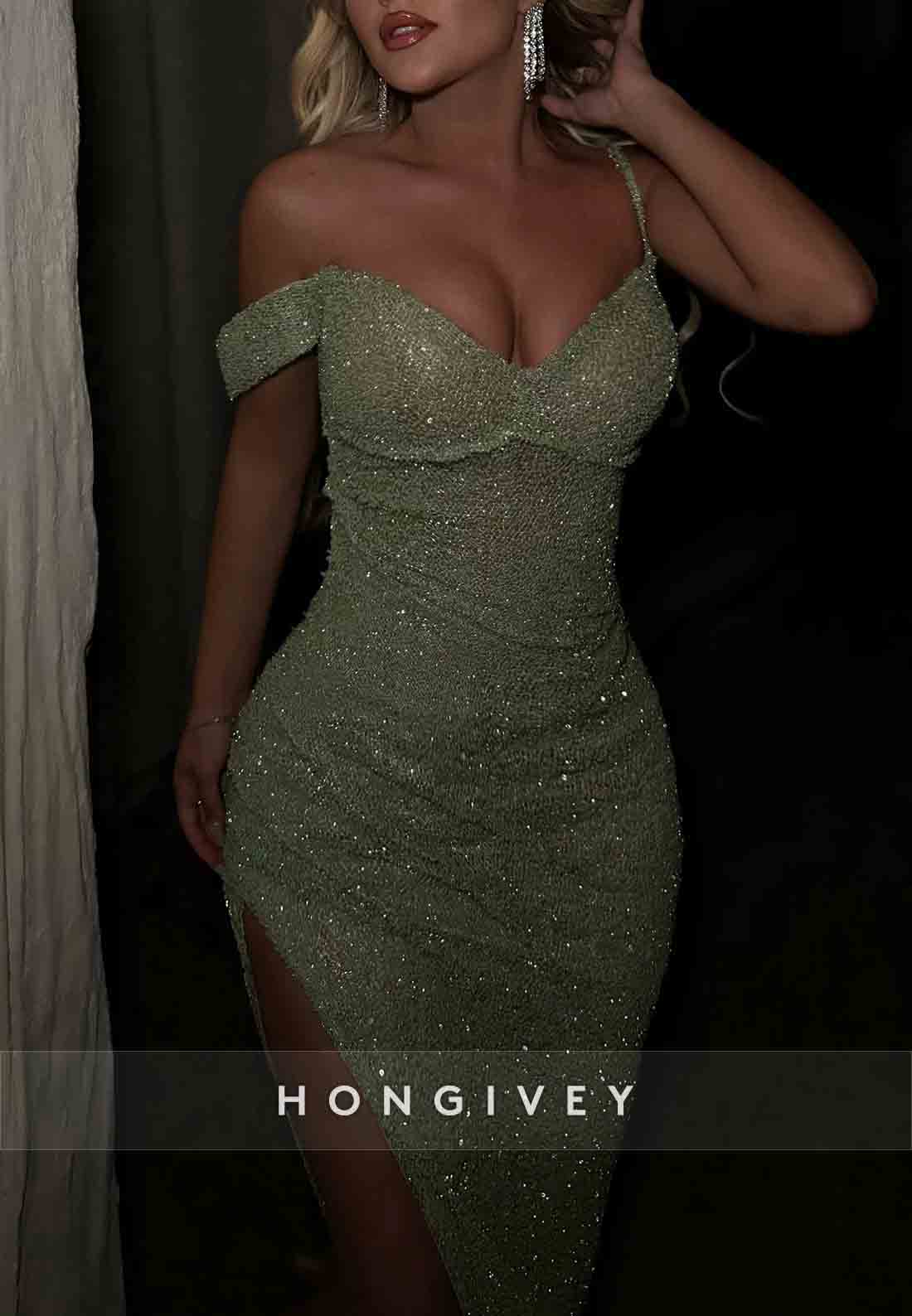 Dusty Sage Sheath One Shoulder Glitter Prom Dresses with High Slit