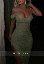 Dusty Sage Sheath One Shoulder Glitter Prom Dresses with High Slit