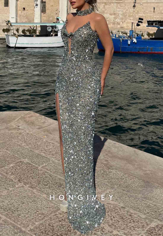 Sequined V Neck Strapless Santorini Blue High Slit Sequined Sheath Prom Dresses