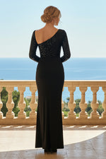 Chiffon Sheath Asymmetric Neck Sequin Long Sleeve Mermaid Formal Dresses