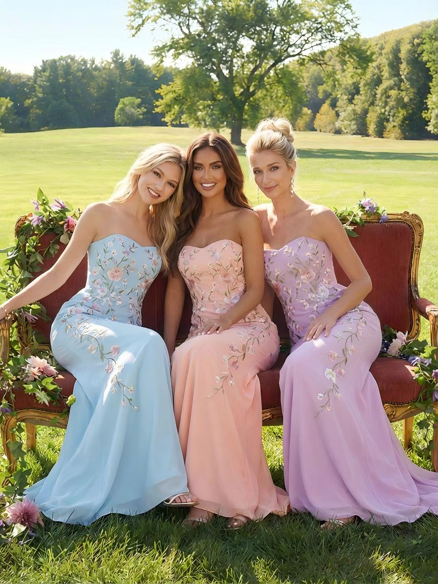 Elegant Chiffon Embroidered Mermaid Strapless Floral Prom Dress