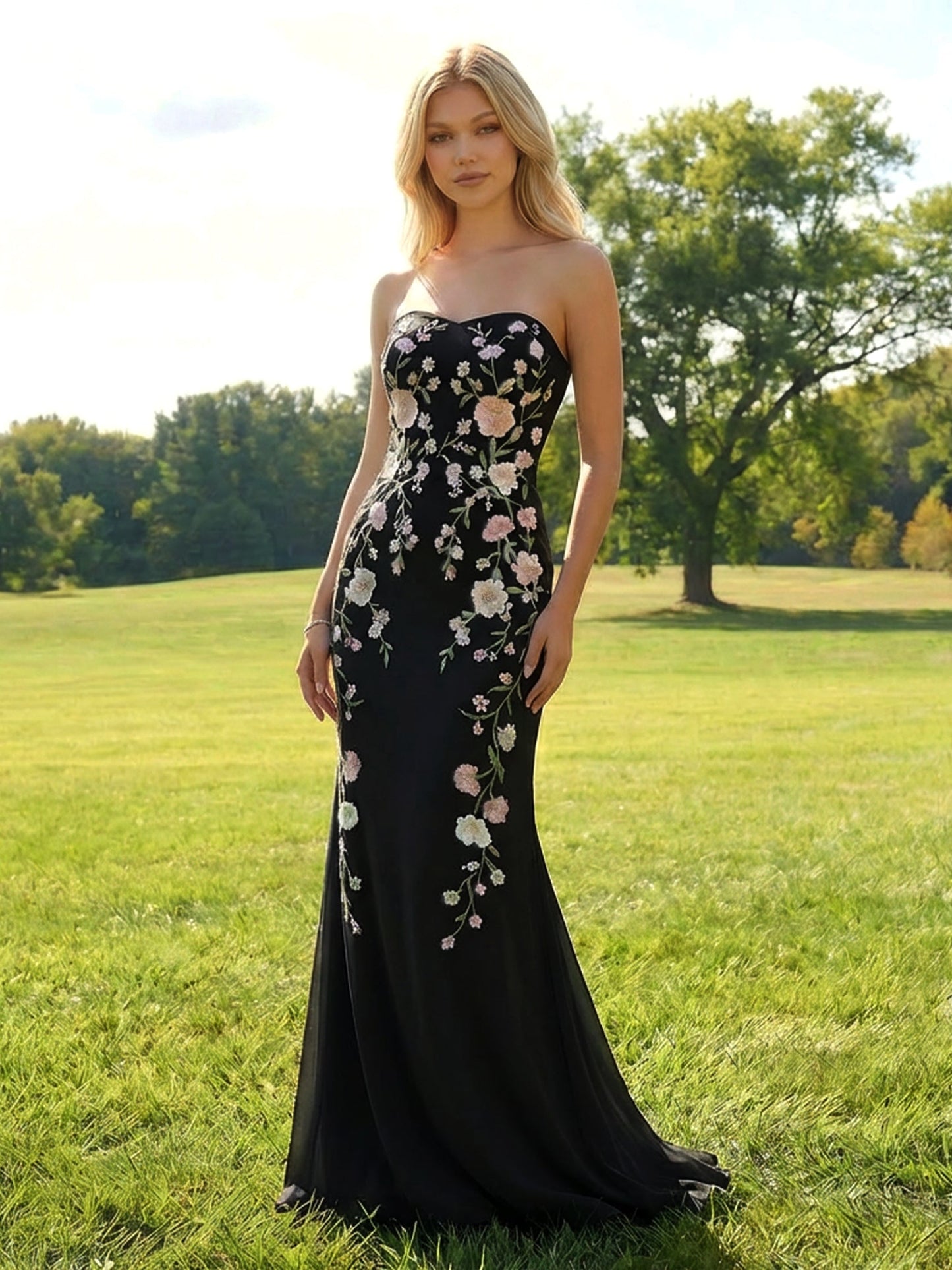 Elegant Chiffon Embroidered Mermaid Strapless Floral Prom Dress