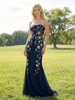 Elegant Chiffon Embroidered Mermaid Strapless Floral Prom Dress
