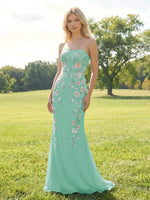 Elegant Chiffon Embroidered Mermaid Strapless Floral Prom Dress