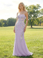 Elegant Chiffon Embroidered Mermaid Strapless Floral Prom Dress