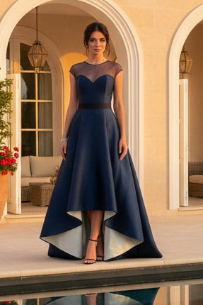 High Low Crew Neck Sheer Mesh Neckline Formal Dresses