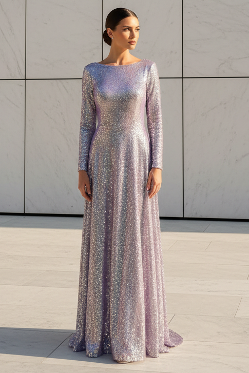 Sequin A-Line Crew Neck Long Sleeveless Glitter Formal Dresses
