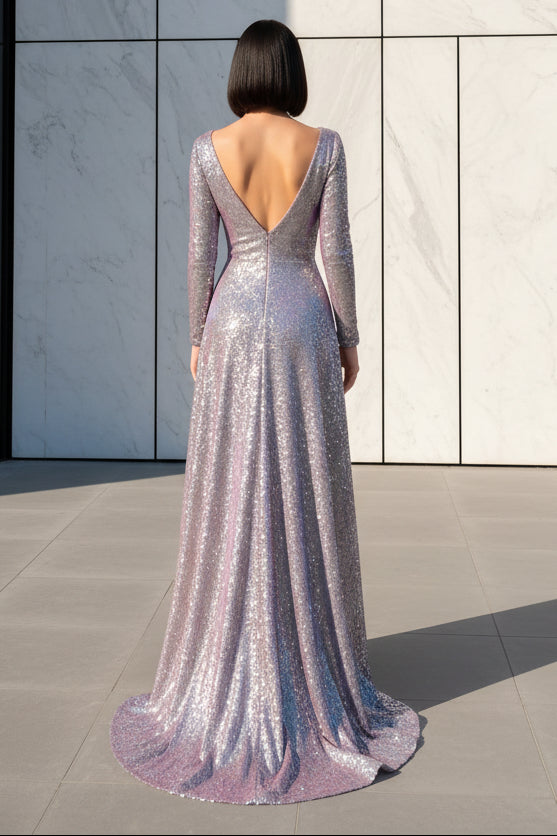 Sequin A-Line Crew Neck Long Sleeveless Glitter Formal Dresses