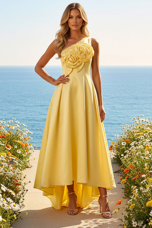 High Low One Shoulder Formal Dresses with 3D Flowers