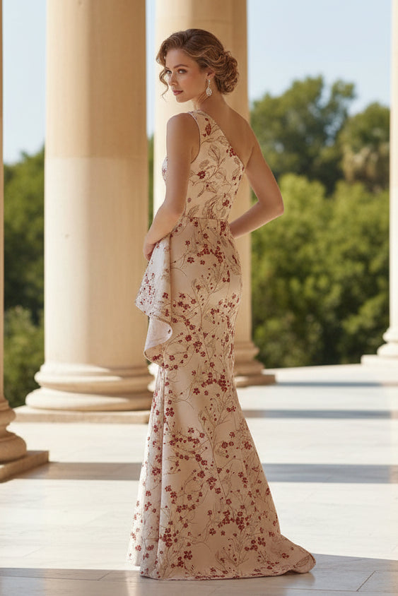 Mermaid One Shoulder Floral Print Formal Dresses with Ruffles