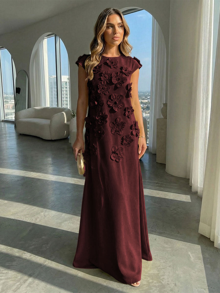 A-Line Crew Neck Sleeveless 3D Flowers Applique Formal Dresses