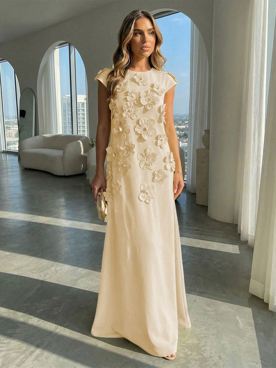 A-Line Crew Neck Sleeveless 3D Flowers Applique Formal Dresses