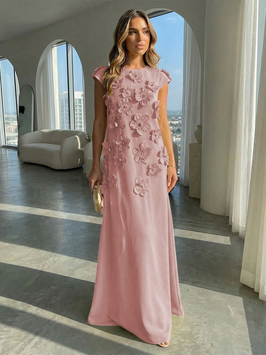 A-Line Crew Neck Sleeveless 3D Flowers Applique Formal Dresses