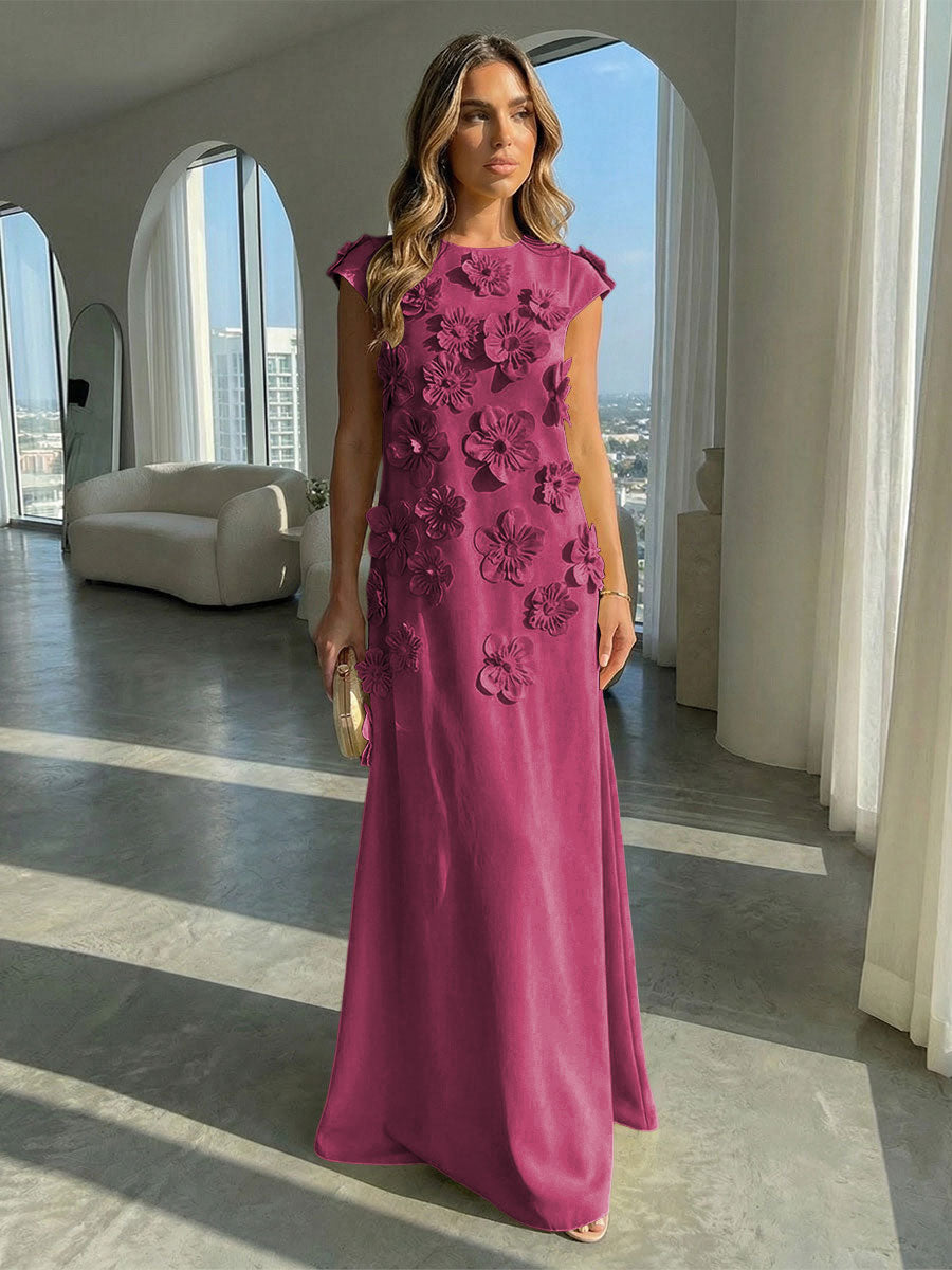 A-Line Crew Neck Sleeveless 3D Flowers Applique Formal Dresses