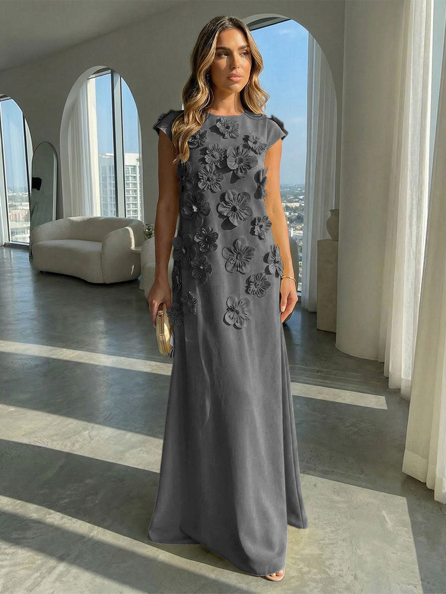 A-Line Crew Neck Sleeveless 3D Flowers Applique Formal Dresses