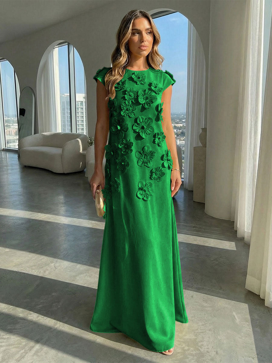 A-Line Crew Neck Sleeveless 3D Flowers Applique Formal Dresses