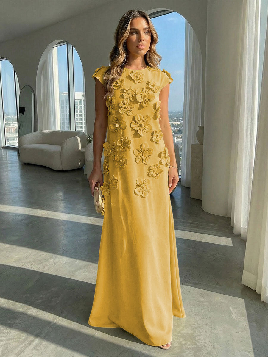 A-Line Crew Neck Sleeveless 3D Flowers Applique Formal Dresses