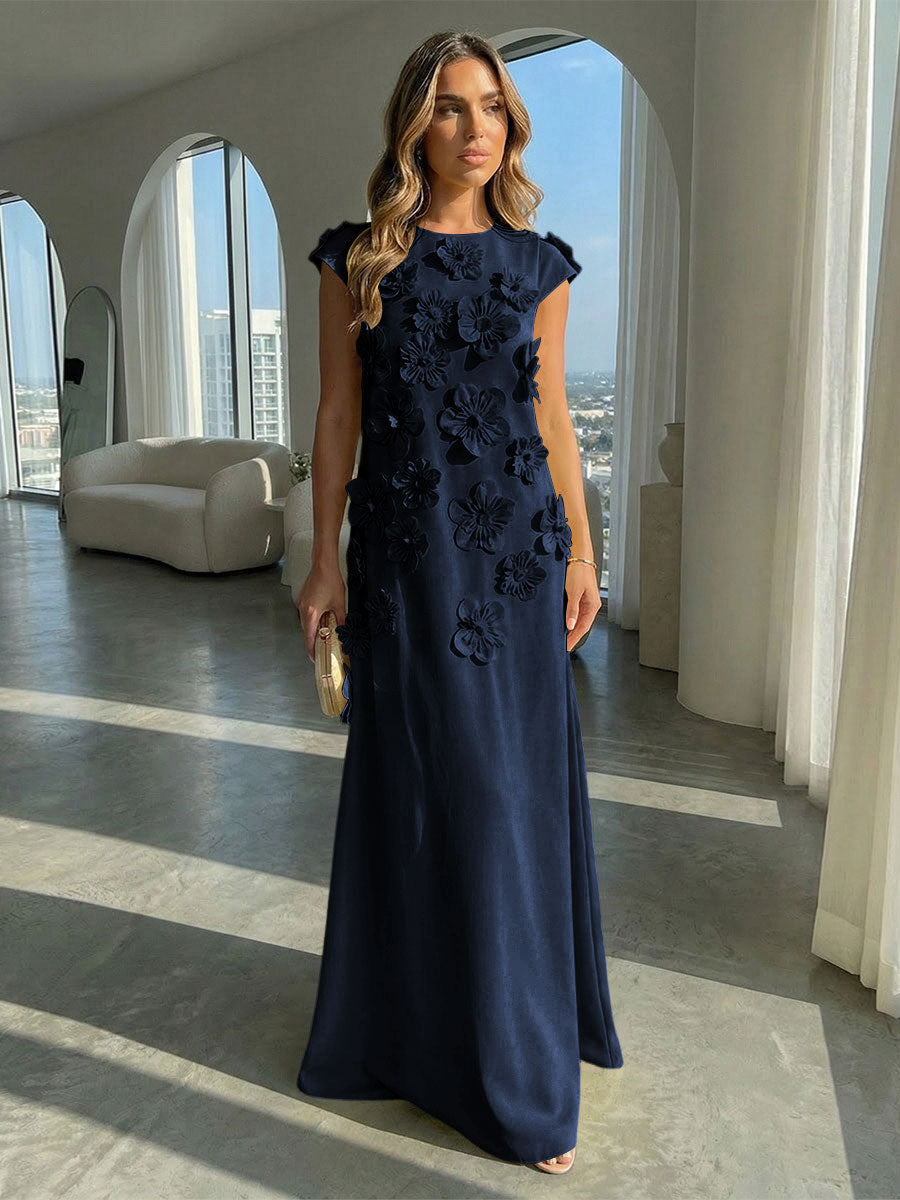 A-Line Crew Neck Sleeveless 3D Flowers Applique Formal Dresses