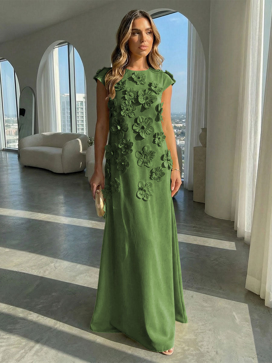 A-Line Crew Neck Sleeveless 3D Flowers Applique Formal Dresses