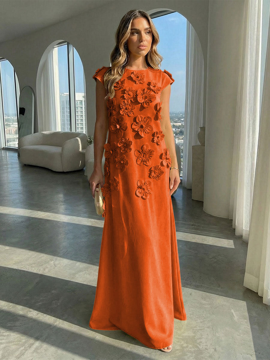 A-Line Crew Neck Sleeveless 3D Flowers Applique Formal Dresses