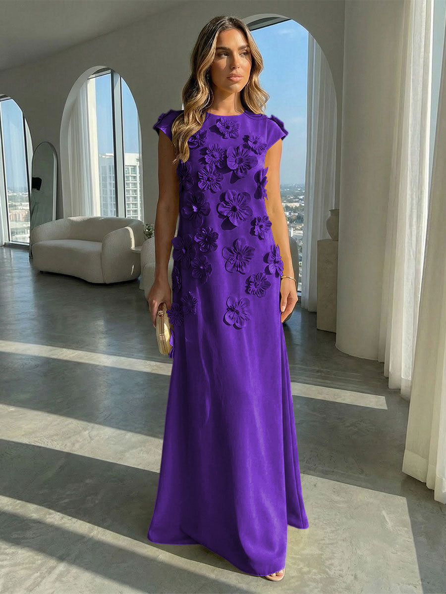 A-Line Crew Neck Sleeveless 3D Flowers Applique Formal Dresses