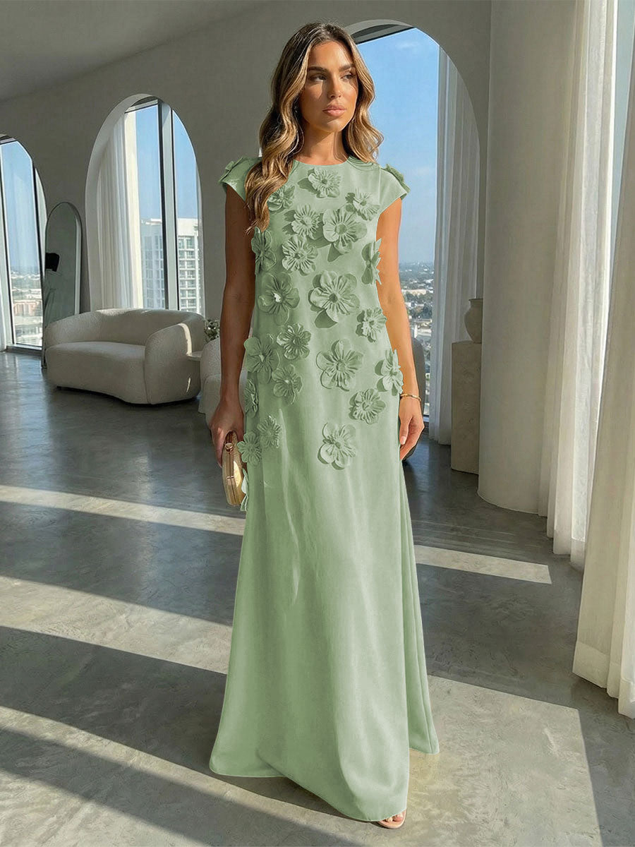 A-Line Crew Neck Sleeveless 3D Flowers Applique Formal Dresses