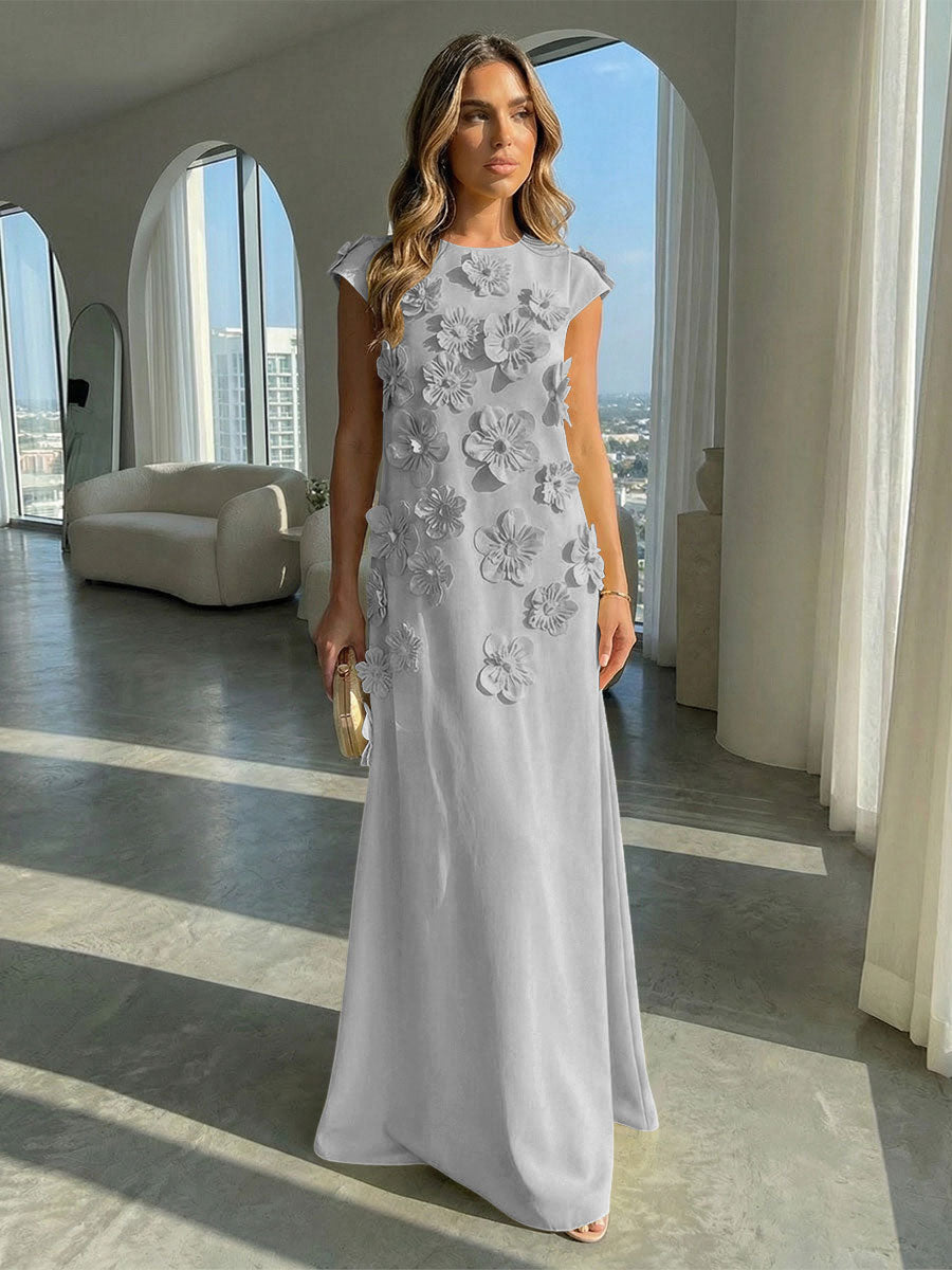 A-Line Crew Neck Sleeveless 3D Flowers Applique Formal Dresses