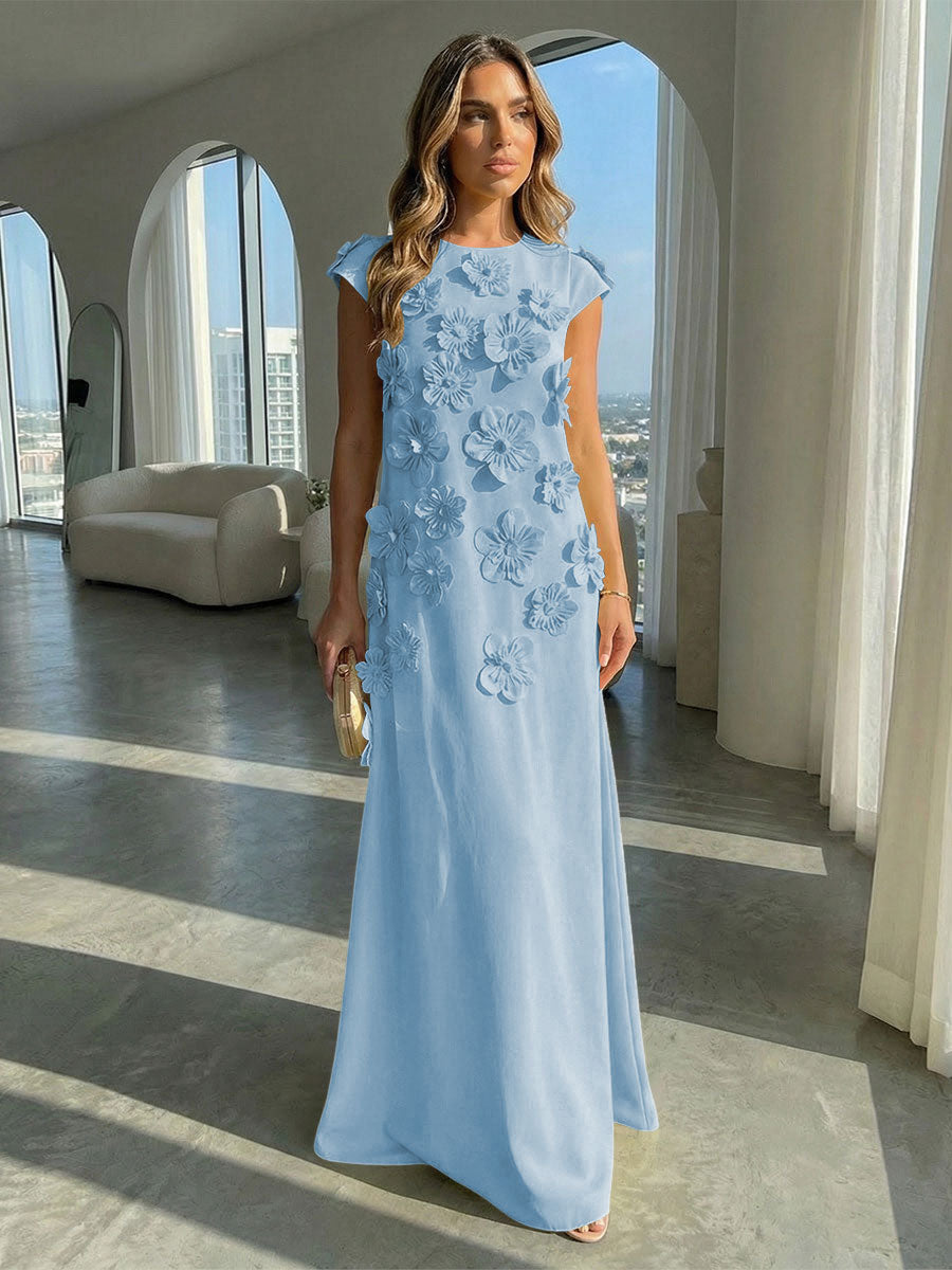 A-Line Crew Neck Sleeveless 3D Flowers Applique Formal Dresses
