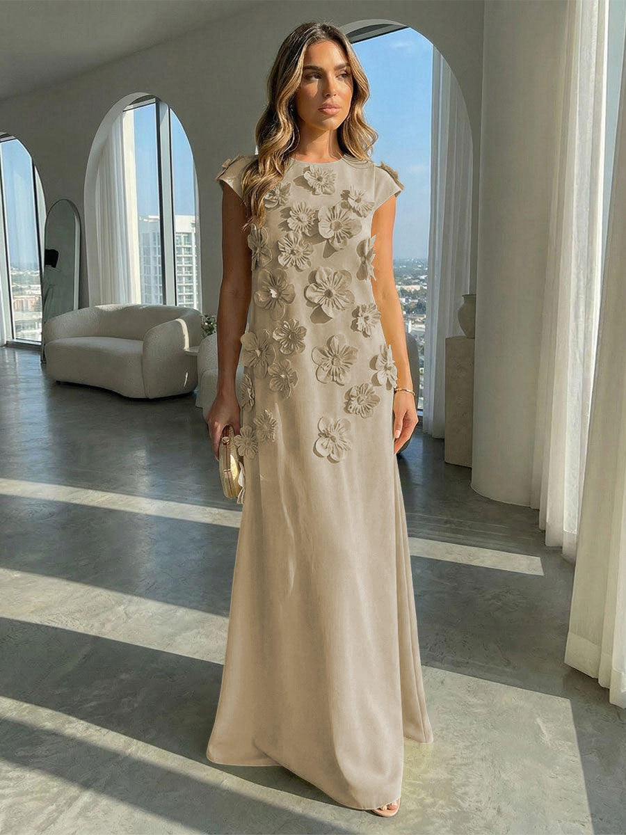 A-Line Crew Neck Sleeveless 3D Flowers Applique Formal Dresses