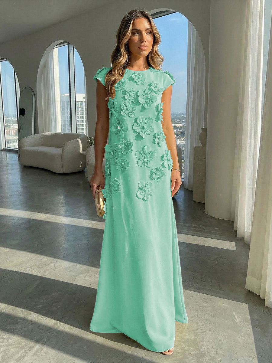 A-Line Crew Neck Sleeveless 3D Flowers Applique Formal Dresses