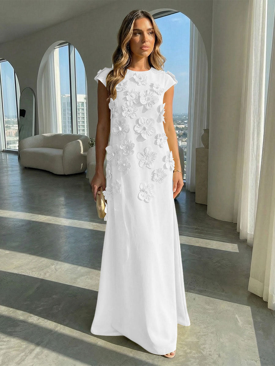A-Line Crew Neck Sleeveless 3D Flowers Applique Formal Dresses