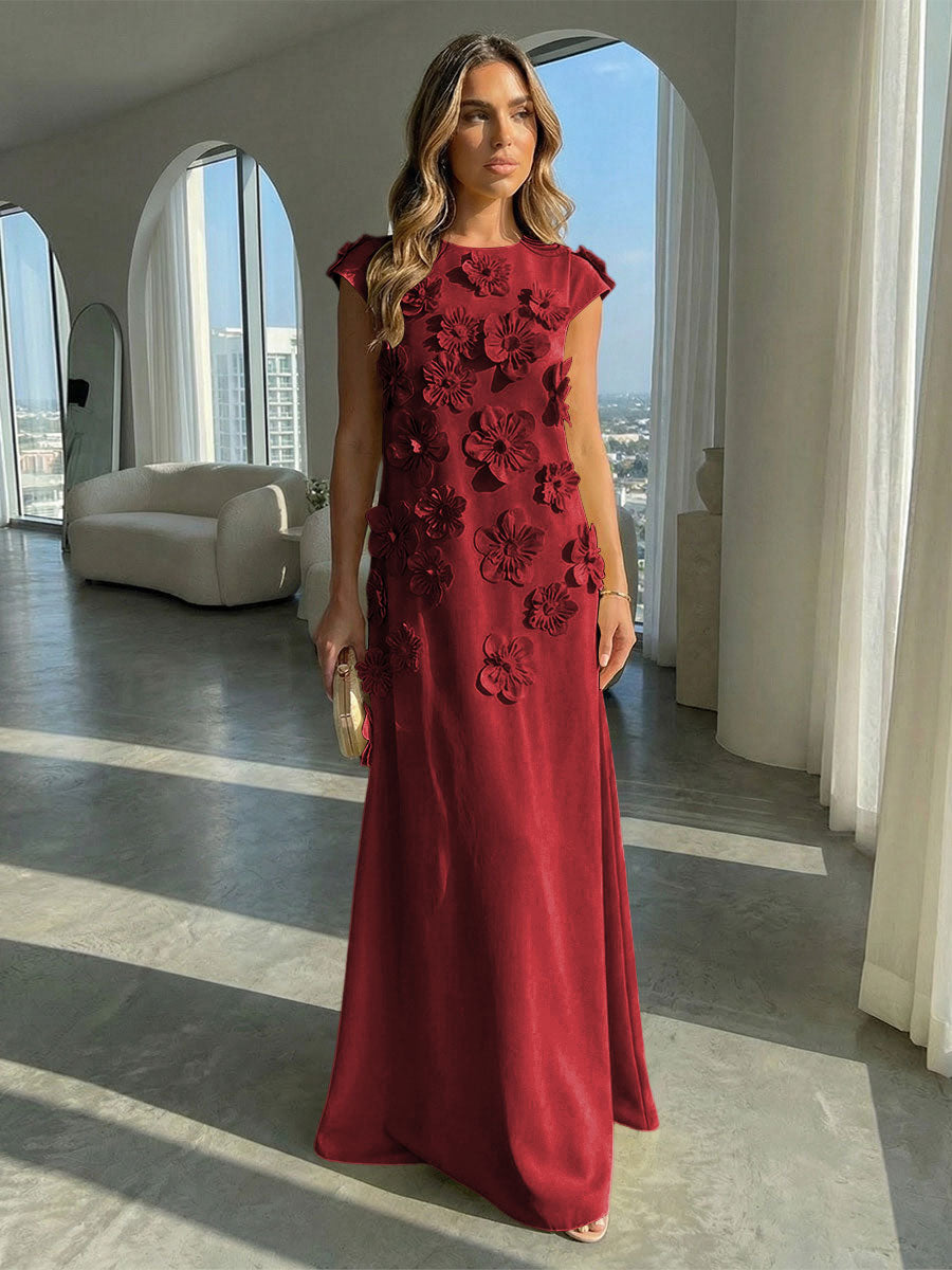 A-Line Crew Neck Sleeveless 3D Flowers Applique Formal Dresses