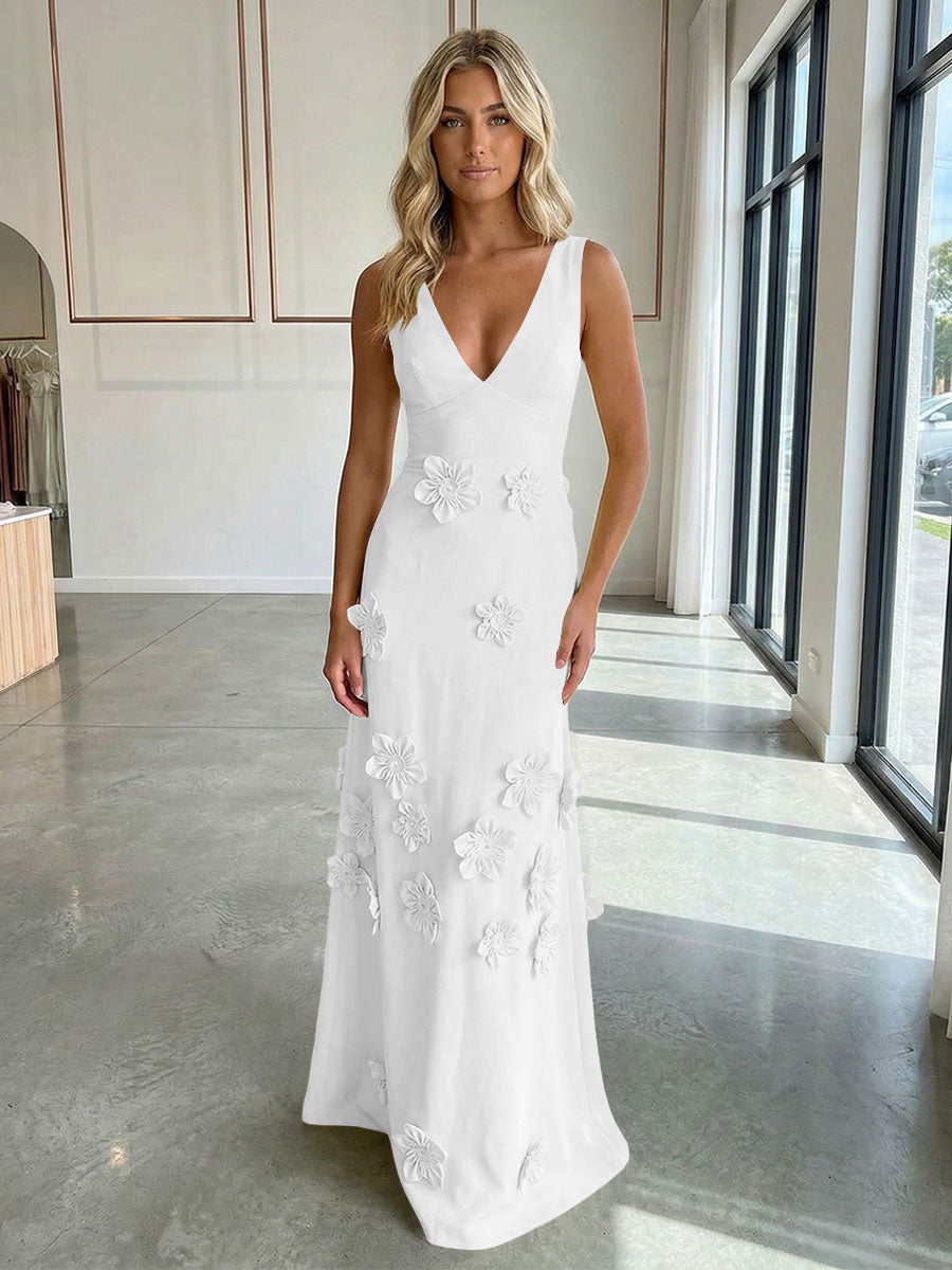 A-Line V-Neck Sleeveless 3D Flowers Backless Formal Dresses
