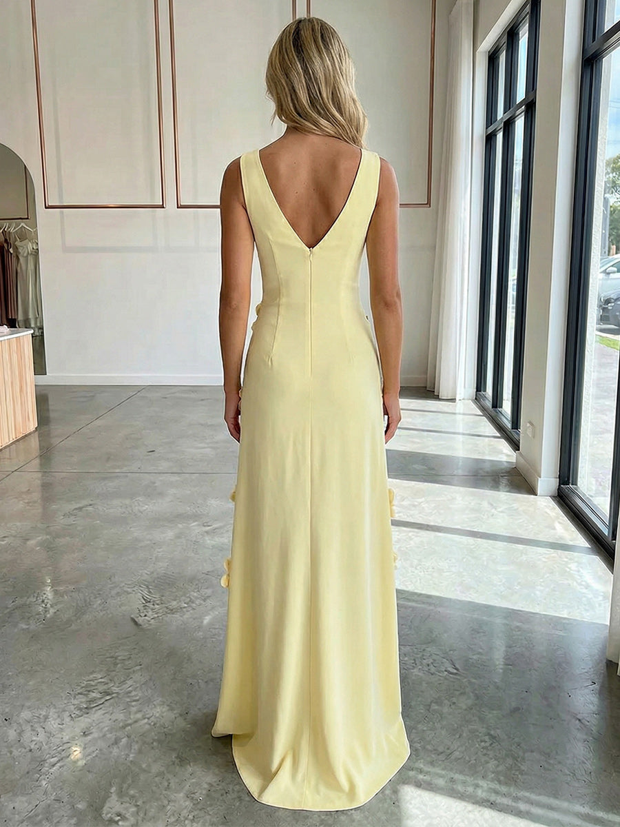 A-Line V-Neck Sleeveless 3D Flowers Backless Formal Dresses