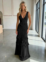 A-Line V-Neck Sleeveless 3D Flowers Backless Formal Dresses