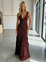 A-Line V-Neck Sleeveless 3D Flowers Backless Formal Dresses