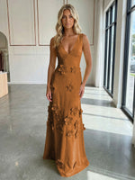 A-Line V-Neck Sleeveless 3D Flowers Backless Formal Dresses