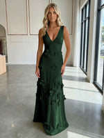 A-Line V-Neck Sleeveless 3D Flowers Backless Formal Dresses